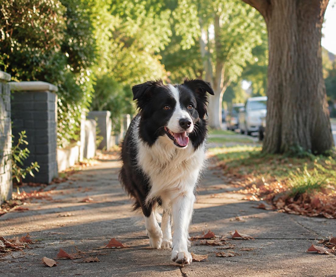 A border collie walking along a leafy suburban street
