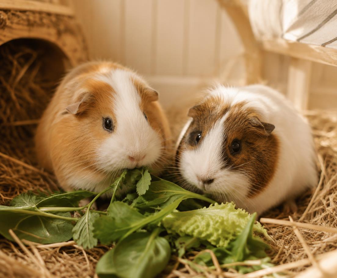 Two guinea pigs eating fresh greens in a hay-lined enclosure
